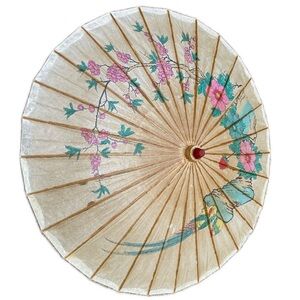 Vintage Rice Paper Umbrella Japanese Bamboo and Wood with Birds Floral F…